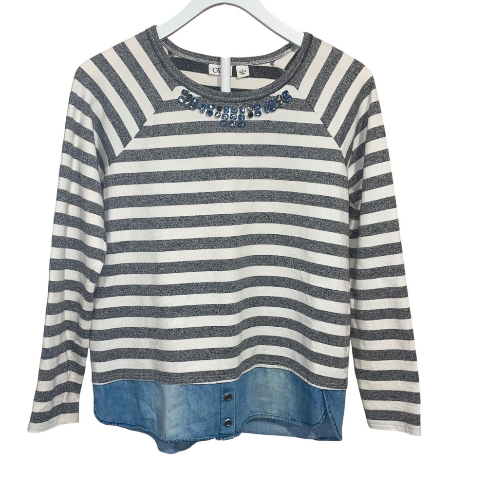 Cato Women's Striped Top Beaded Neck Denim Hem Coastal Preppy Chic Casual